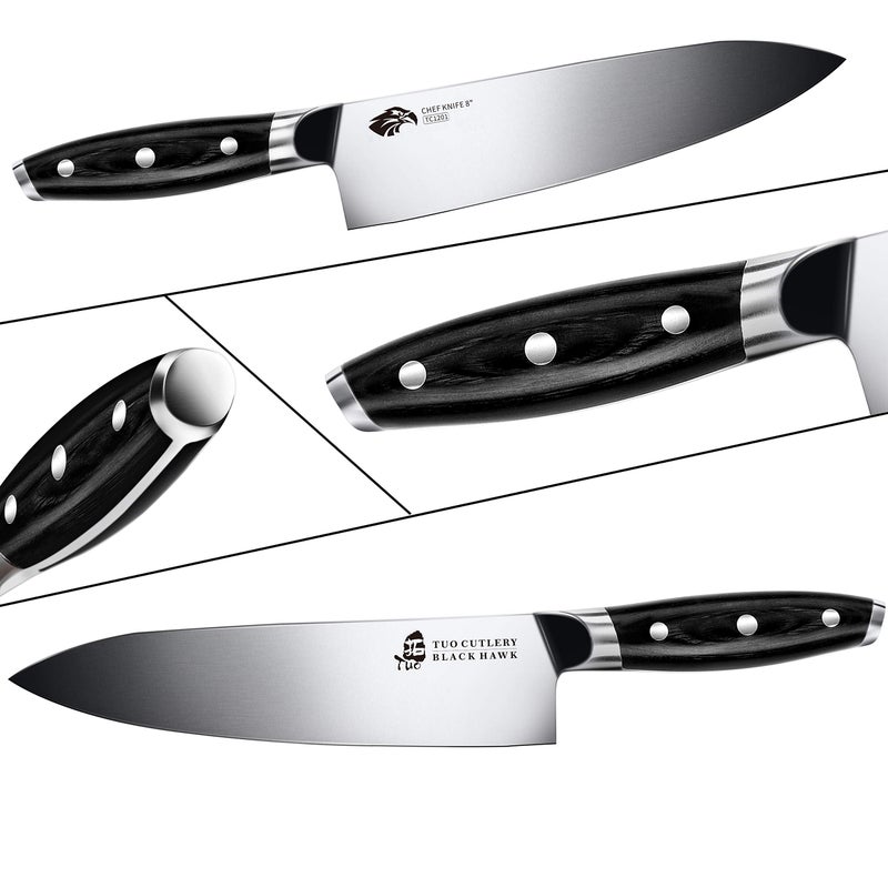 TUO Chef Knife -Professional Kitchen Chefs Knife Cooking Knife Gyuto Knives 8 Inch,Razor Sharp German HC Steel Japanese Chef Knife with Ergonomic Pakkawood Handle - BLACK HAWK SERIES in Gift Box - Image 4